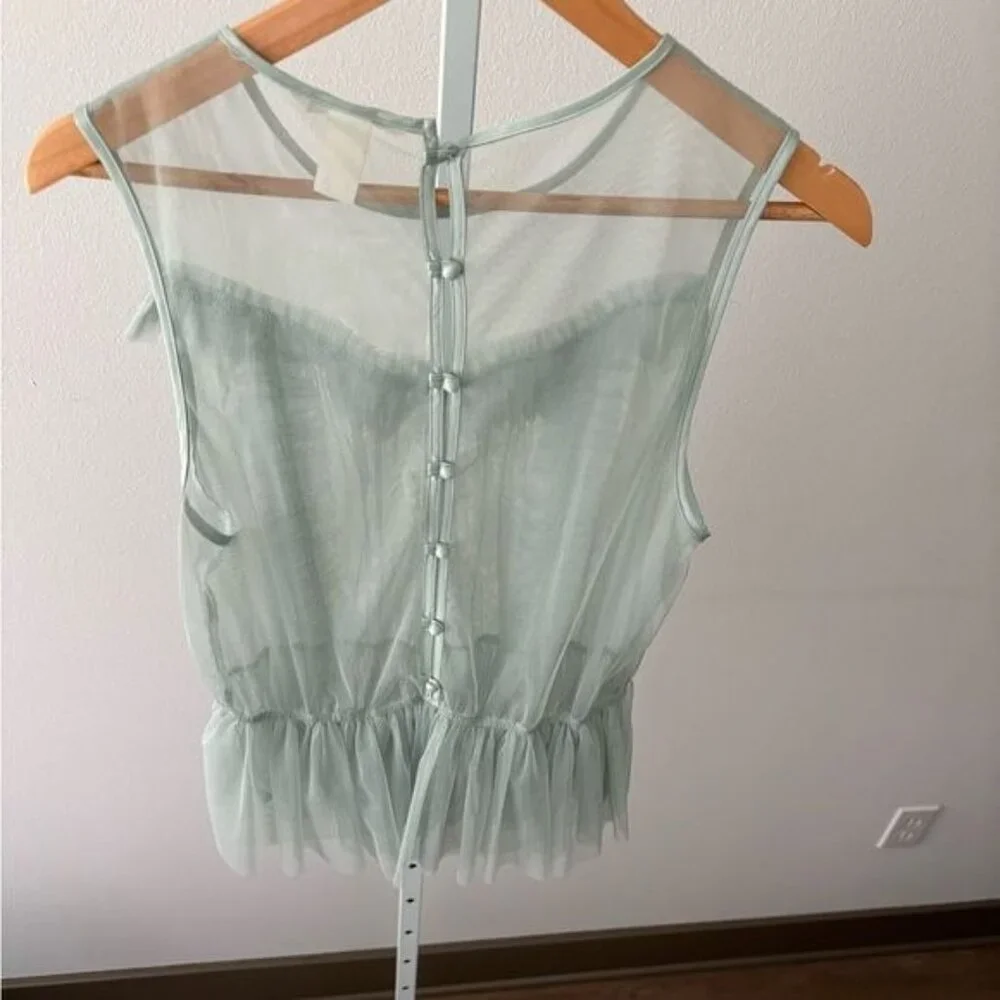 H & M Top 12 Mesh Peplum Green Ruffle Tulle Romantic Cottagecore Victorian Fairy - Picture 2 of 13